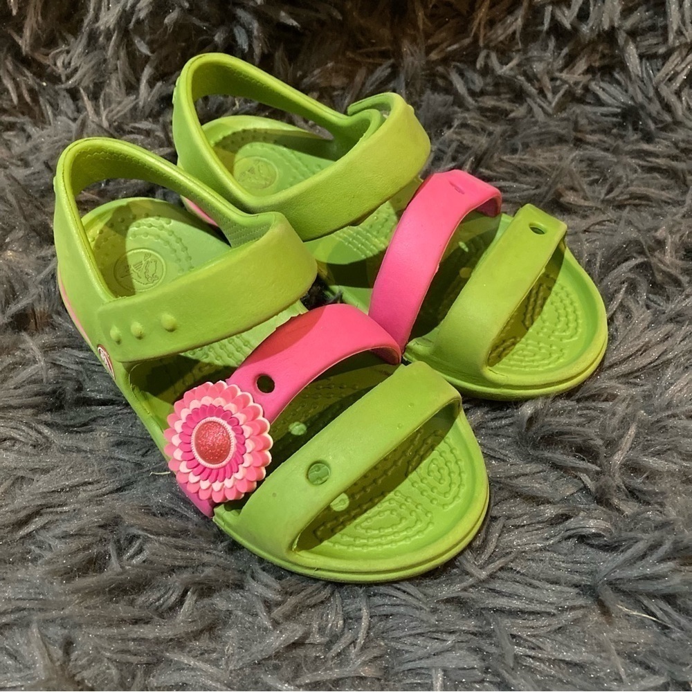 Girls Green and Pink Crocs Sandals